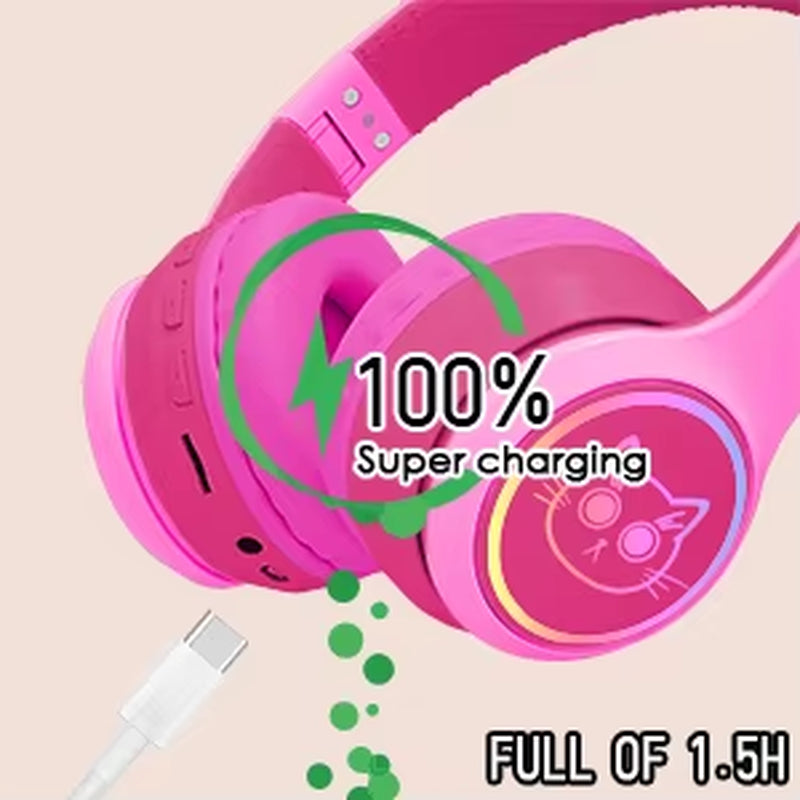 Eson Kids' Comfortable Ergonomic On-Ear Headphones Cute Light-Up Design with 1.5H Battery Life and LED Battery Indicator