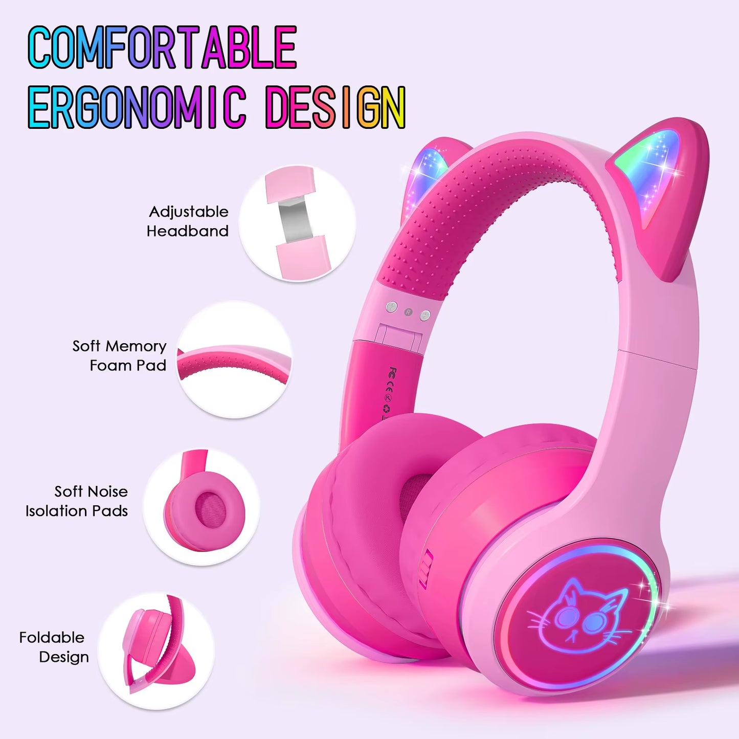 Eson Kids' Comfortable Ergonomic On-Ear Headphones Cute Light-Up Design with 1.5H Battery Life and LED Battery Indicator