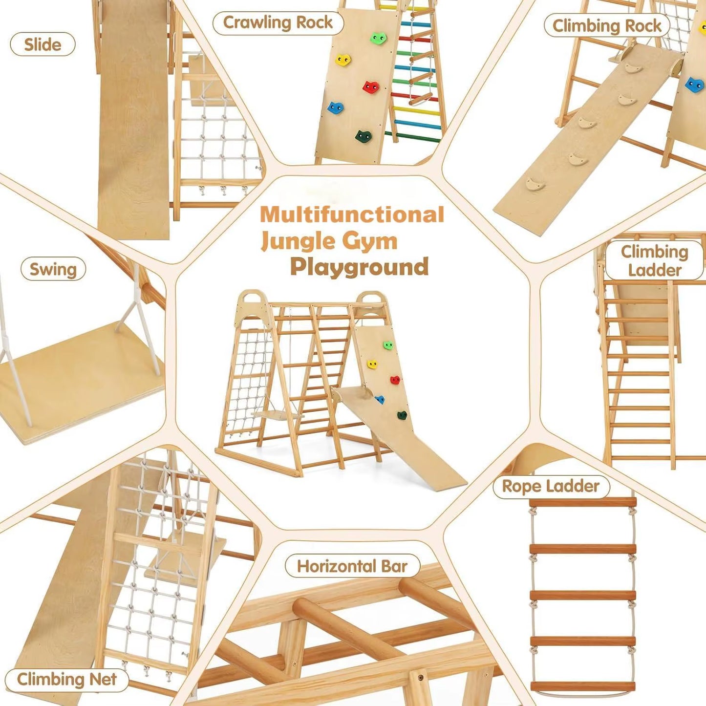 8 in 1 Wood Gym Children Kid Montessori Climbing Frame Kindergarten Indoor Toys Educational Wooden Climbing Play Set