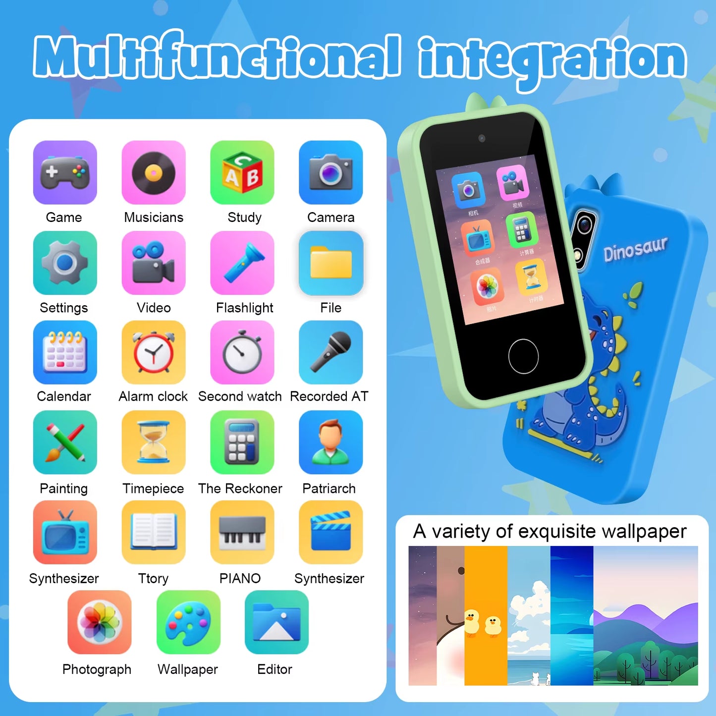Birthday Gifts Dual Camera Touchscreen Cell Phone Music Player Toddler Phone Learning Toy Dinosaur Toys Kids Smart Phone
