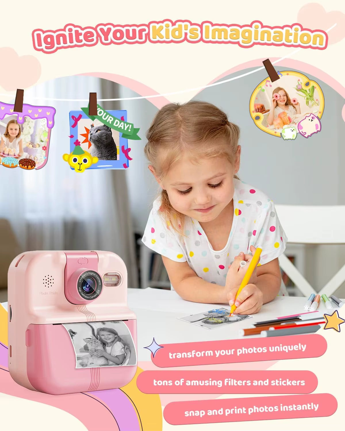 Phomemo P02 Kids Instant Print Camera 2.4' Screen HD Video 10X Zoom Selfie Printable Camera Children Print Toy Gift with Game