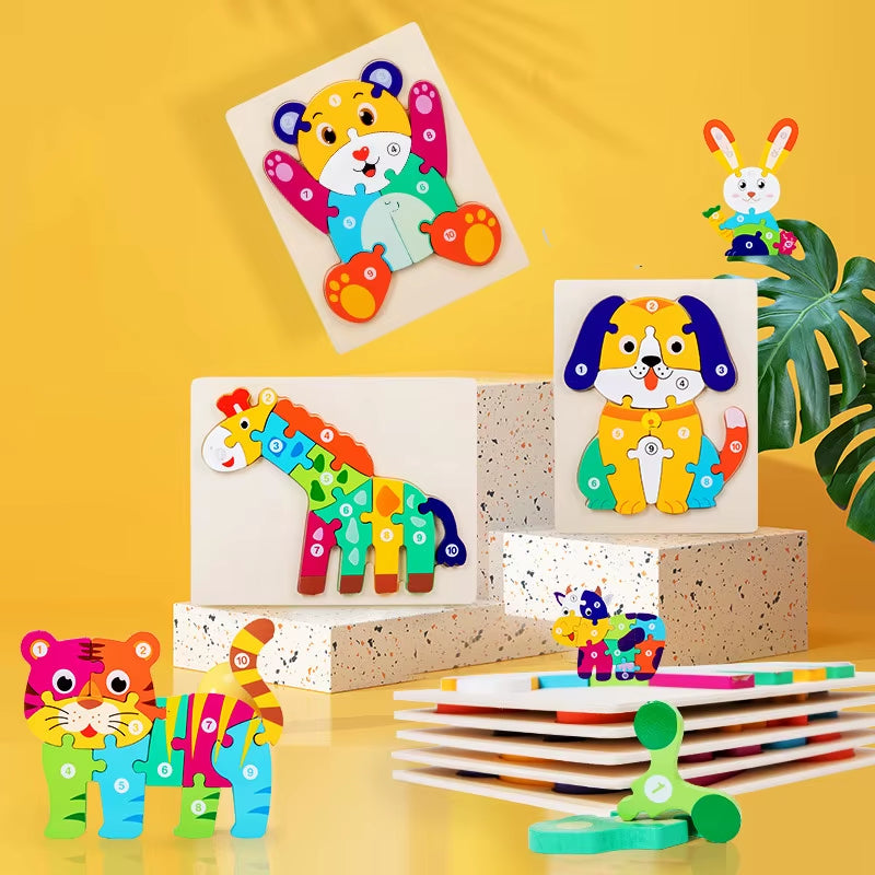Cute Dog Wooden Puzzle Toys Animal Jigsaw Puzzles Montessori Toys Learning Educational Christmas Birthday Gifts Children Toys