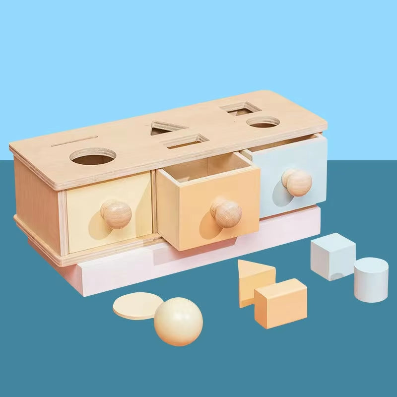 Unisex Montessori Early Education Target Box Wooden Science Education Tool Pull Ball Box Coin Box Textile Drum Toy Set