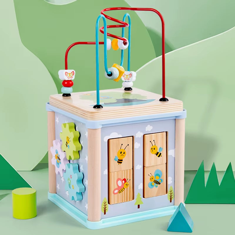 Children'S Wooden Five-In-One Multifunctional Four-Sided Beaded Children'S Educational and Interesting Animal Cognitive Toy