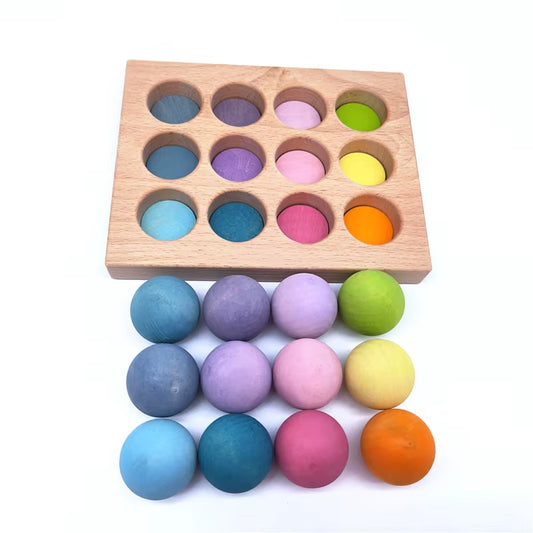 2022 Macaron Wooden Grimms Toys Kids Color Sorting Wood Balls Rainbow Pastel Sphere with Tray Juegos Montessori Teaching Aids