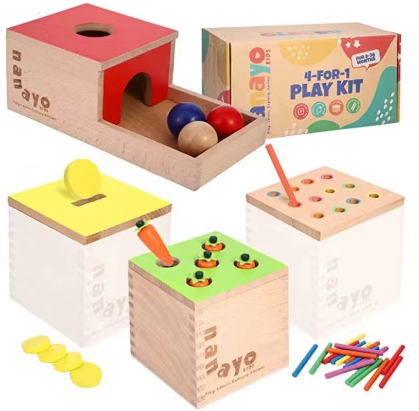 Dropshipping 4 in 1 Educational Montessori Toys Waldorf Object Coin Tissue Permanence Box Developmental Educational Wooden Toys