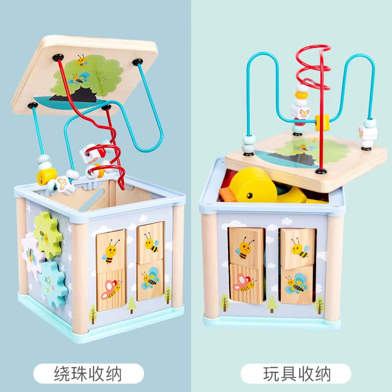 Children'S Wooden Five-In-One Multifunctional Four-Sided Beaded Children'S Educational and Interesting Animal Cognitive Toy