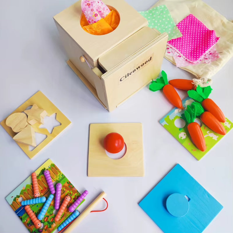 Dropshipping 4 in 1 Educational Montessori Toys Waldorf Object Coin Tissue Permanence Box Developmental Educational Wooden Toys