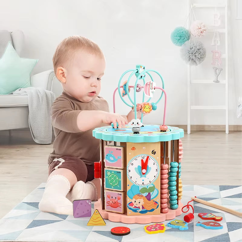 Wooden Activity Cube with Bead Maze 8-In-1 Shape Sorter Toy for Baby'S & Toddlers Multipurpose Educational Toys