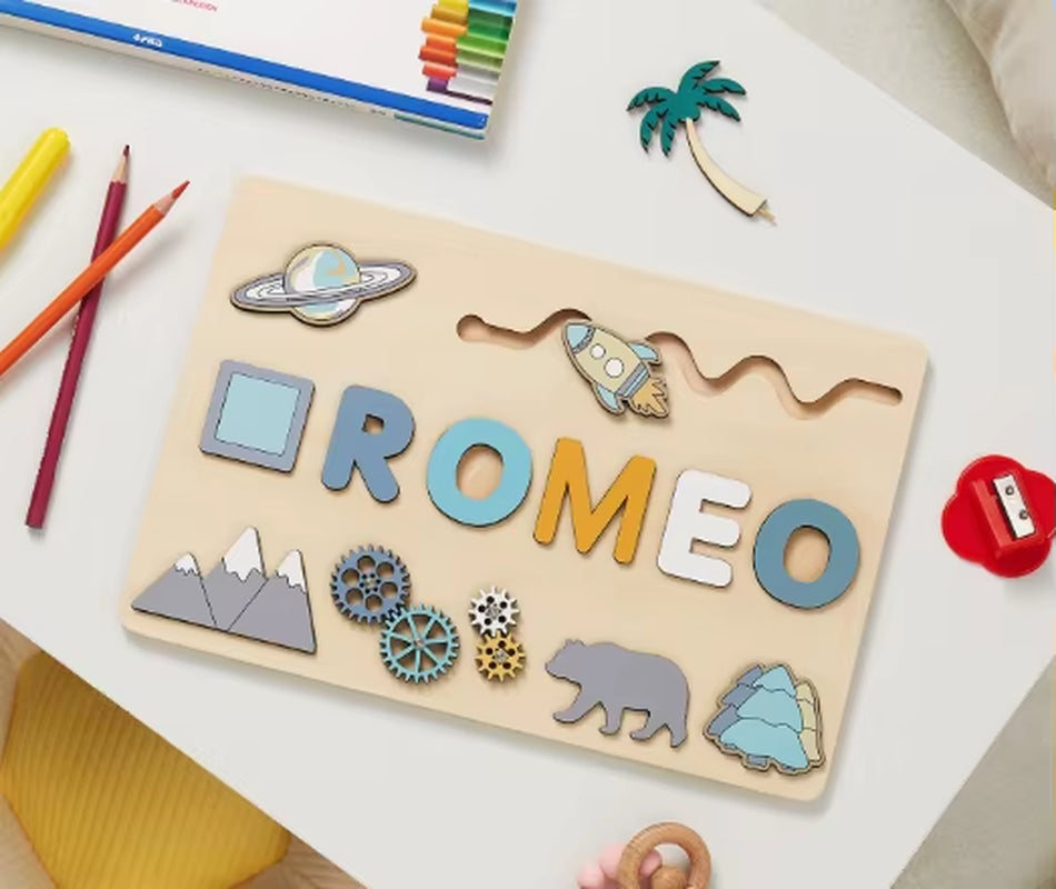 Novacross Montessori Multi-Function Busy Board Customizable First Name Jigsaw Puzzle Toy Wood Crafts Wooden Boxes Wall Signs