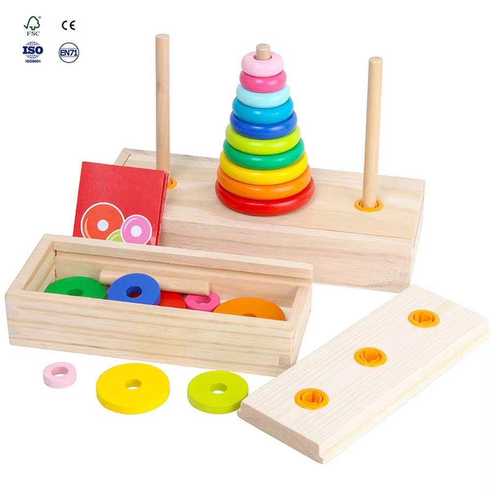 Wooden Stacked Toys Wooden Colorful Jigsaw Puzzles with Storage Box Montessori Stacking Toy Mathematics Teaching Aids