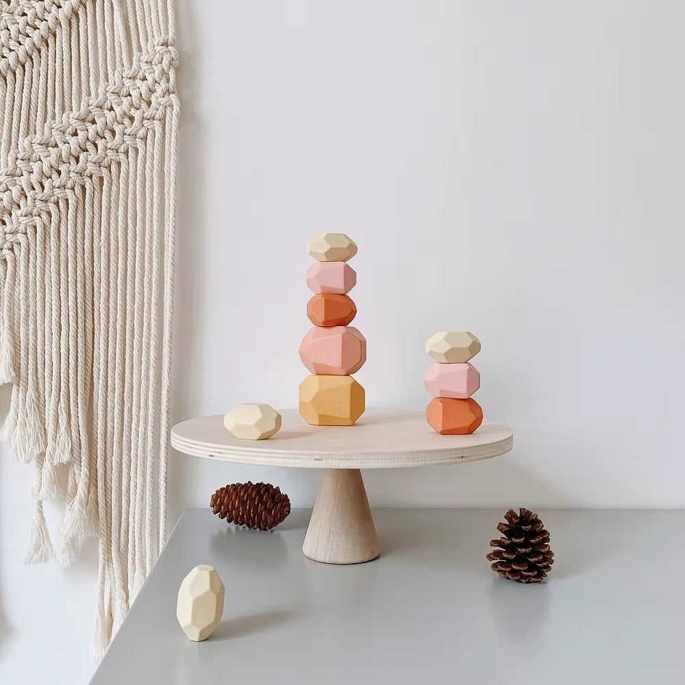 Wooden Toys Montessori Toy 16 Pcs Creative Wooden Stone Stacking Rainbow Game Balancing Building Blocks Wood Toy Gift