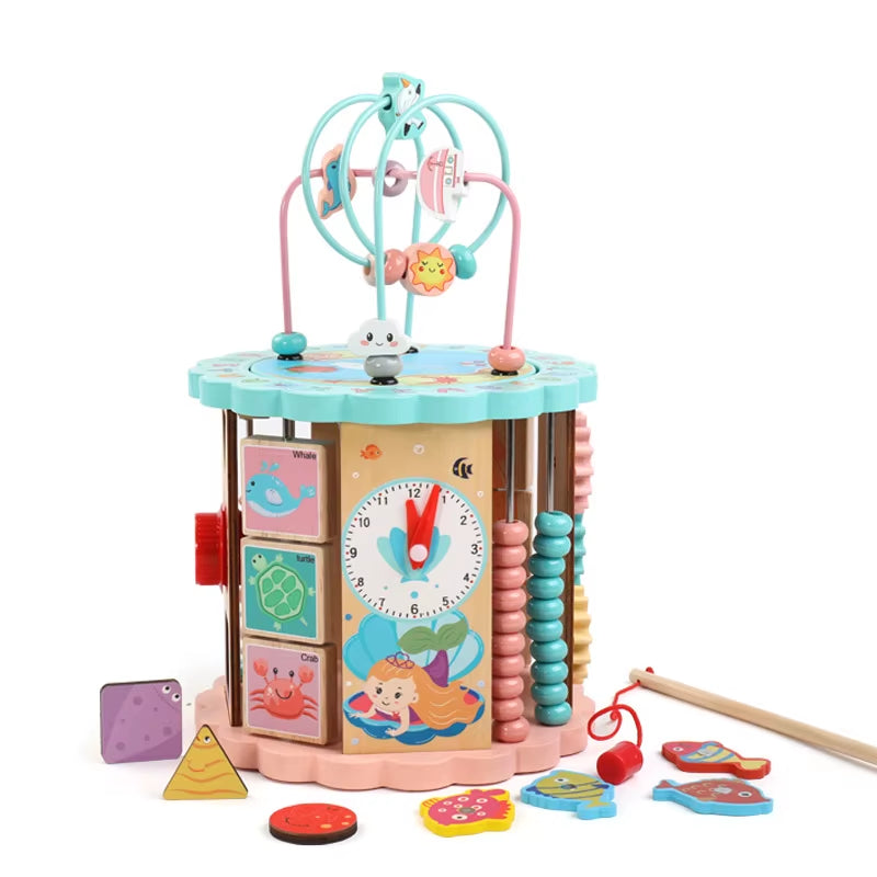 Wooden Activity Cube with Bead Maze 8-In-1 Shape Sorter Toy for Baby'S & Toddlers Multipurpose Educational Toys